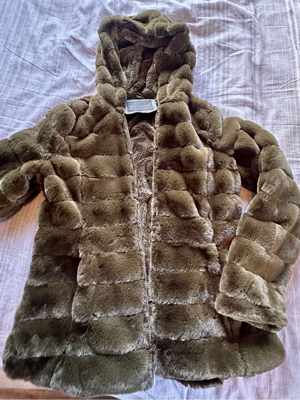 Bellivera Olive Green Faux Fur Hooded Puffer Coat
